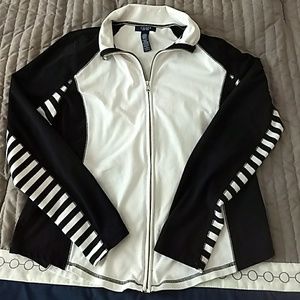 Chaps zip up stretchy jacket. LG. Navy/white.